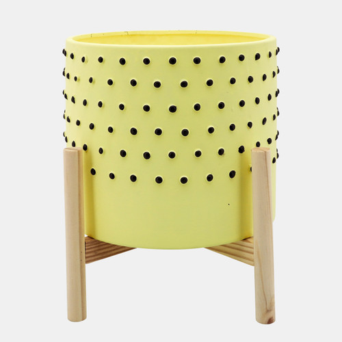 15904-01#  10" Dotted Planter W/ Wood Stand, Yellow