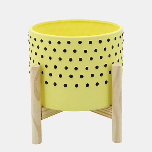 15904-02#  8" Dotted Planter W/ Wood Stand, Yellow