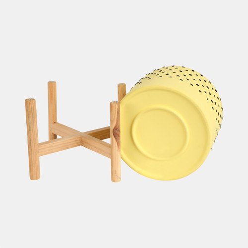15904-02#  8" Dotted Planter W/ Wood Stand, Yellow