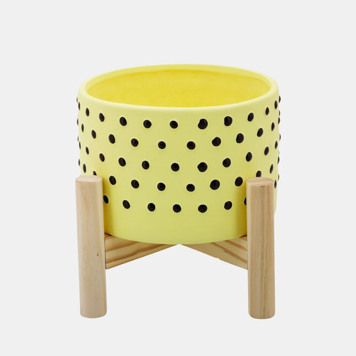 15904-03#  6" Dotted Planter W/ Wood Stand, Yellow