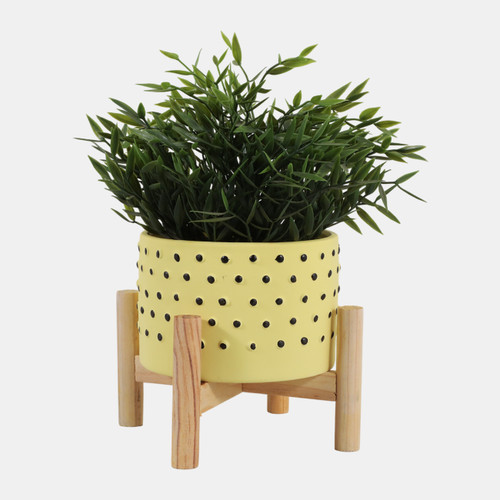 15904-03#  6" Dotted Planter W/ Wood Stand, Yellow