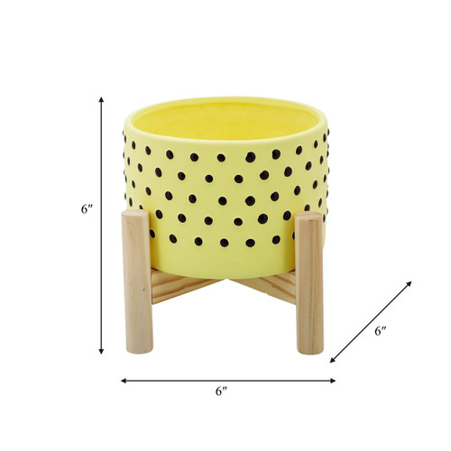 15904-03#  6" Dotted Planter W/ Wood Stand, Yellow