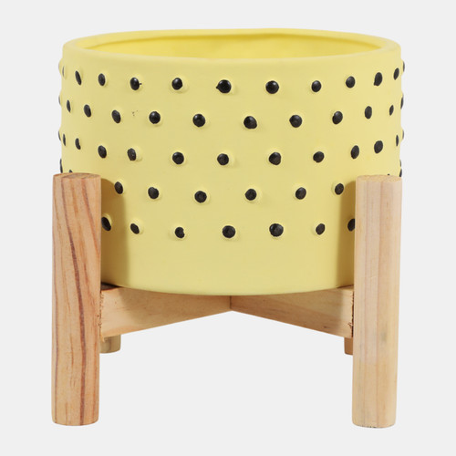 15904-03#  6" Dotted Planter W/ Wood Stand, Yellow