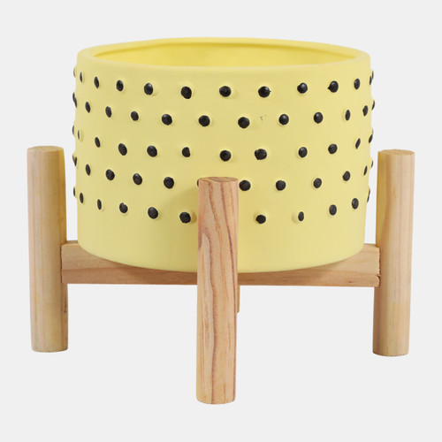 15904-03#  6" Dotted Planter W/ Wood Stand, Yellow
