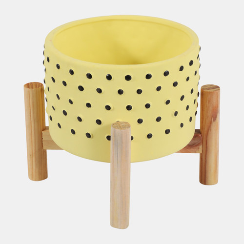 15904-03#  6" Dotted Planter W/ Wood Stand, Yellow
