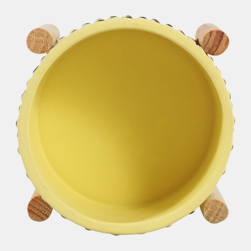 15904-03#  6" Dotted Planter W/ Wood Stand, Yellow