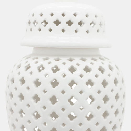 15909-04#24" Cut-out Clover Temple Jar, White