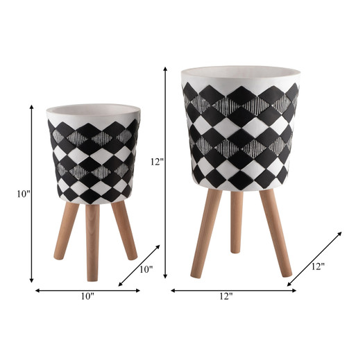 15020-07#S/2 10/12" Diamond Planter W/ Wood Legs, Black(kd)