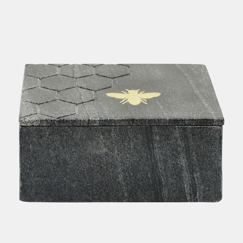 15975-02#Marble 7x5 Marble Box W/ Bee Accent, Black