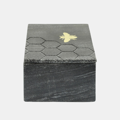 15975-02#Marble 7x5 Marble Box W/ Bee Accent, Black