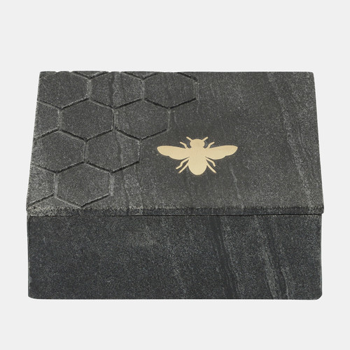 15975-02#Marble 7x5 Marble Box W/ Bee Accent, Black