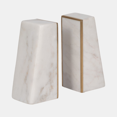 15977-03#S/2 Marble 6"h Slanted Bookends W/gold Trim,white
