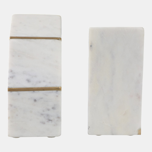 15980#S/2 Marble 5"h Accent Bookends W/gold Inlays,wht