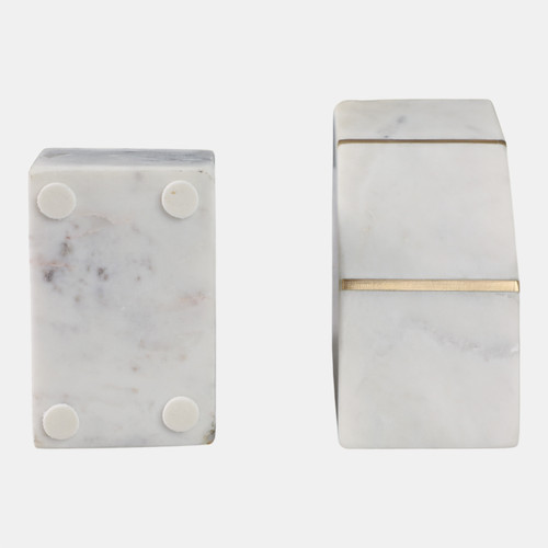 15980#S/2 Marble 5"h Accent Bookends W/gold Inlays,wht