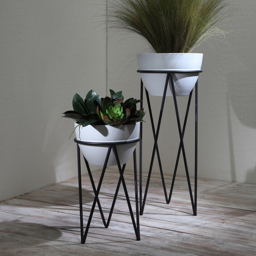 16056-03#S/2 12/14" Metal Planter, Wht/blk