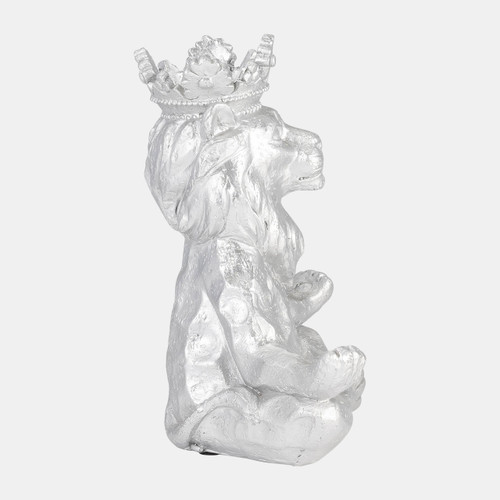 15883-03#Resin 7" Yoga Lion W/ Crown, Silver