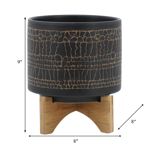 16119-02#8" Glazed Planter W/ Stand, Black