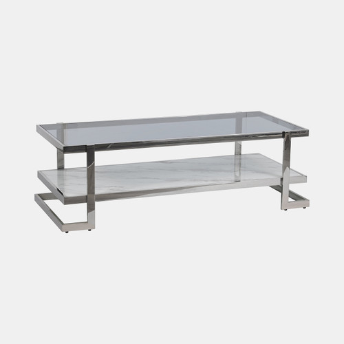 15438-01#Metal/marble Glass, Coffee Table,silver/white Kd