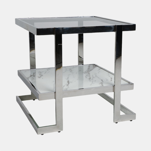 15439-02#Metal/marble Glass, Side Table, Silver/white Kd