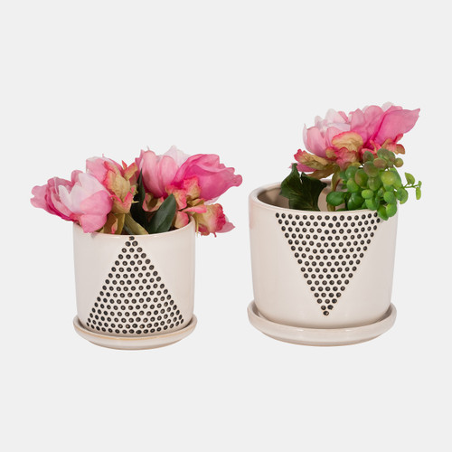 16271-01#S/2 5/6" Triangle Dots Planter W/ Saucer, White