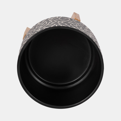 16273-01#7" Crackled Planter W/ Wood Stand, Black