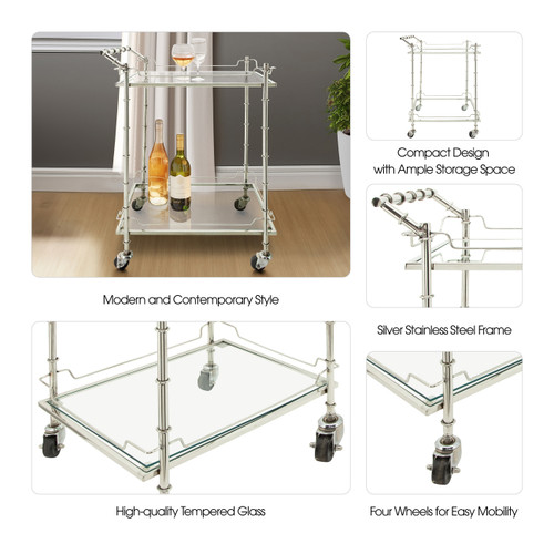 16305-01#Two Tier 30"h Rolling Bar Cart, Silver