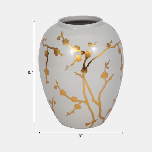 16345-02#Cer 10"h, Vase W/ Gold Decal, White