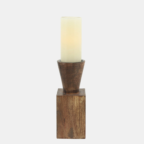 16370-03#Wood, 10"h, Geometric Candle Holder, Brown