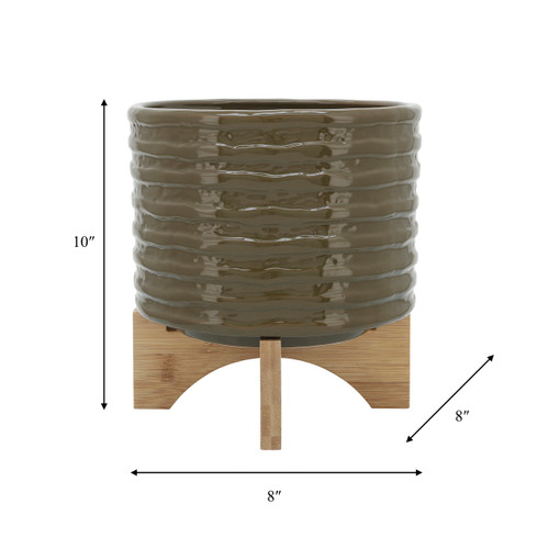 14485-20#Cer, 8" Textured Planter W/ Stand, Olive