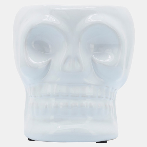 16385-02#Cer, 5" Skull Vase, White