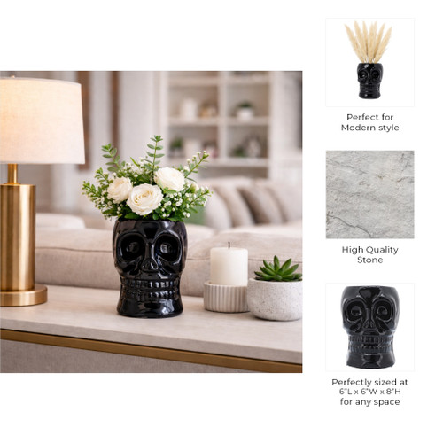16385-03#Cer, 6" Skull Vase, Black