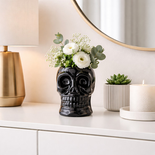 16385-03#Cer, 6" Skull Vase, Black