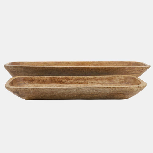 16395#Wood, S/2 23/30 Rectangular Bowls, Brown