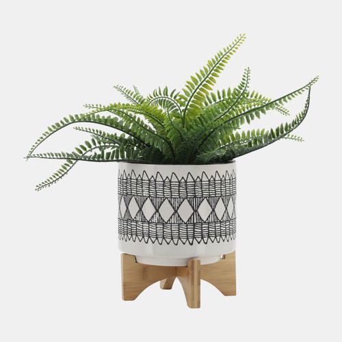 16401-02#Ceramic 8" Aztec Planter On Wooden Stand, Gray