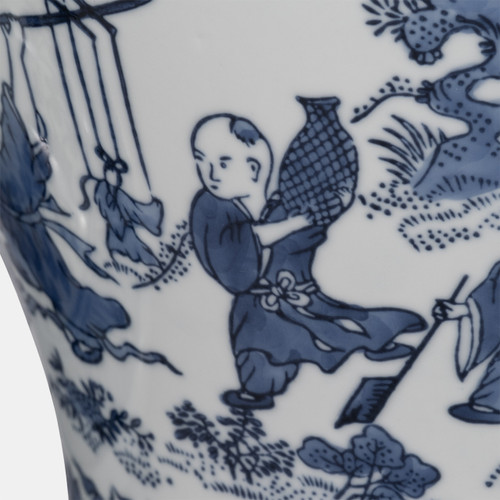 16413#Cer, 15"h Blossoms Temple Jar, Blue