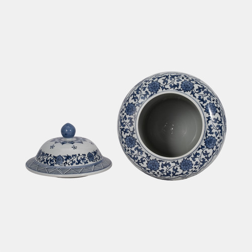 16413#Cer, 15"h Blossoms Temple Jar, Blue