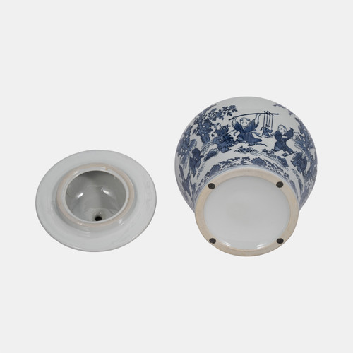 16413#Cer, 15"h Blossoms Temple Jar, Blue