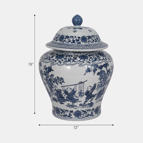 16413#Cer, 15"h Blossoms Temple Jar, Blue