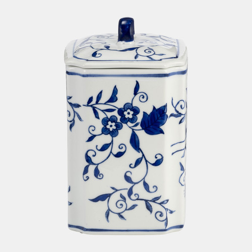 16414#Cer, 8"h Box Jar W/ Lid, Blue