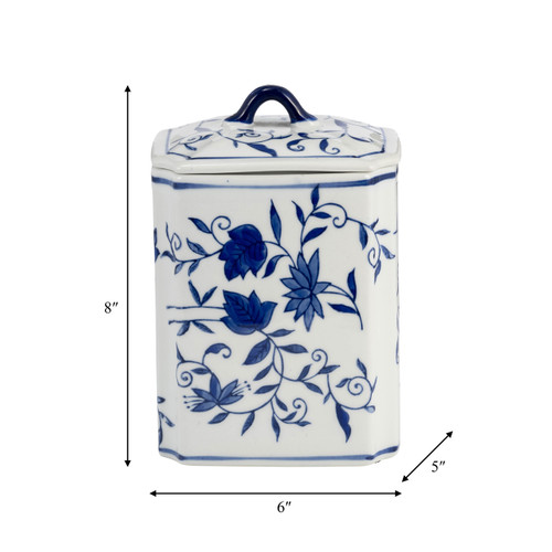 16414#Cer, 8"h Box Jar W/ Lid, Blue