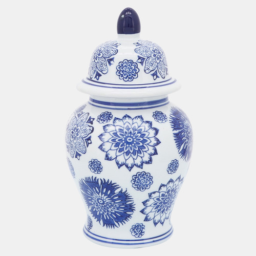 16418#Cer, 10"h Asstd Flowers Temple Jar, Blue