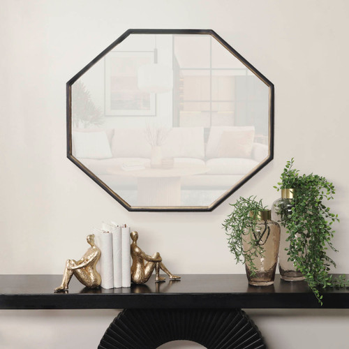 16440#Metal, 32x28 Octagonal Mirror, Black/gld Wb