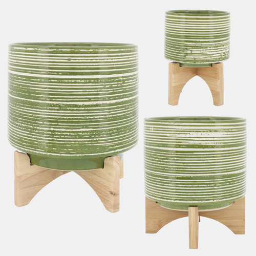 14765-06#Ceramic 10" Planter On Wooden Stand, Olive