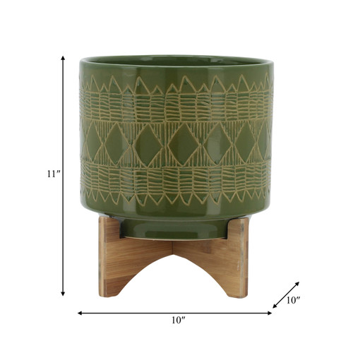 15036-06#Ceramic 10" Aztec Planter On Wooden Stand, Olive
