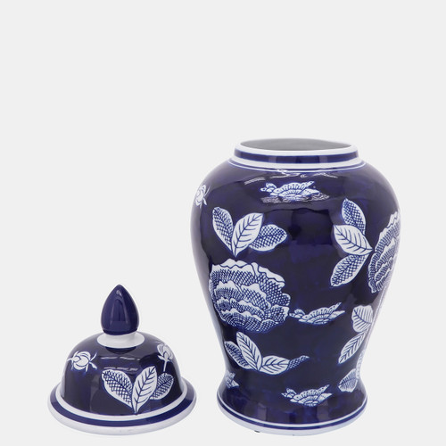 16512-01#Cer, 18"h Flower Temple Jar, Wht/blu