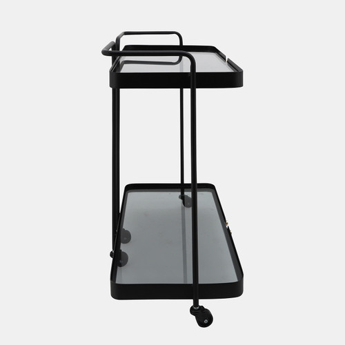 16534#Metal, 27"h 2-layered Bar Cart W/ Smokey Glass, Bl