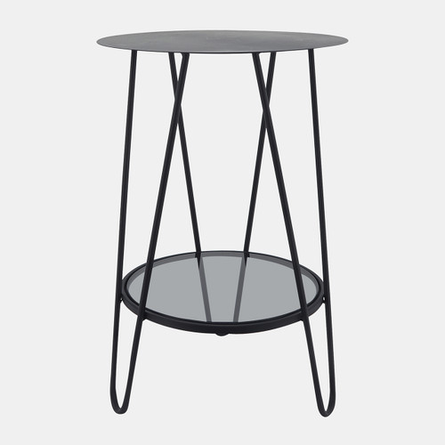 16541#Metal, 23"h 2-layered Side Table Glass Bottom, Bla