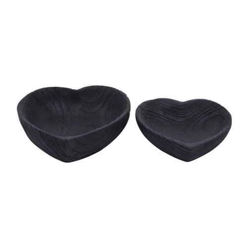 16568-02#Wood, S/2 9/10" Heart Bowls, Black