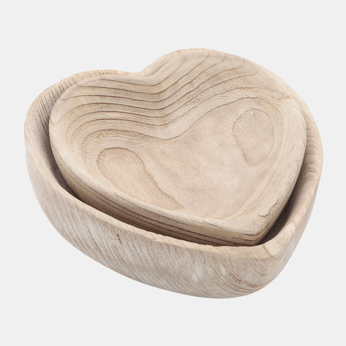 16568-03#Wood, S/2 9/10" Heart Bowls, Natural