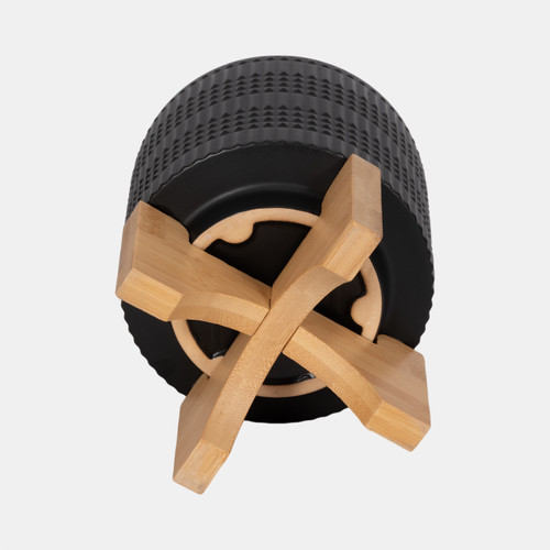 16580-01#Cer, 5" Tribal Planter W/ Stand, Black